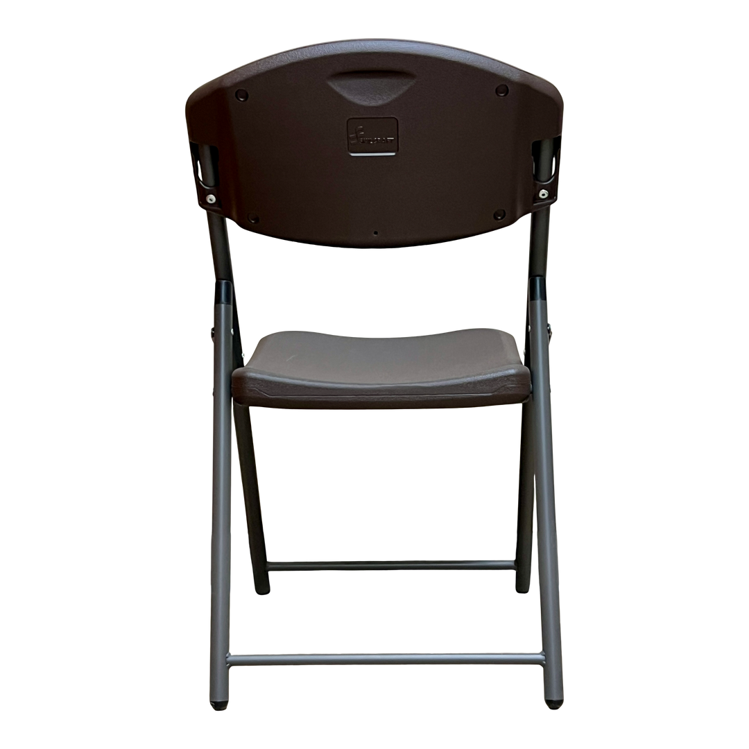 A picture of the backside of an espresso folding chair.