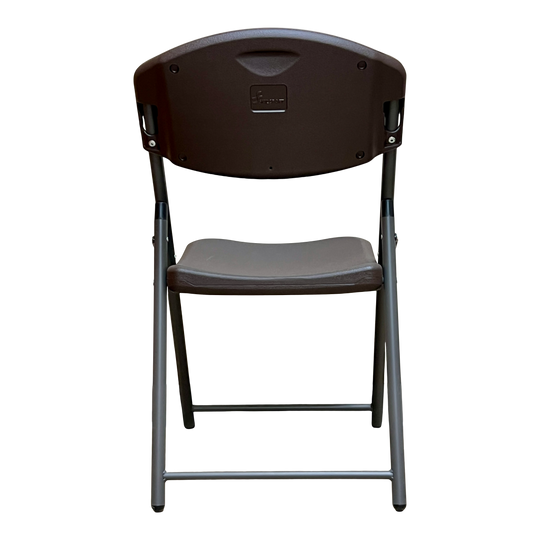 A picture of the backside of an espresso folding chair.