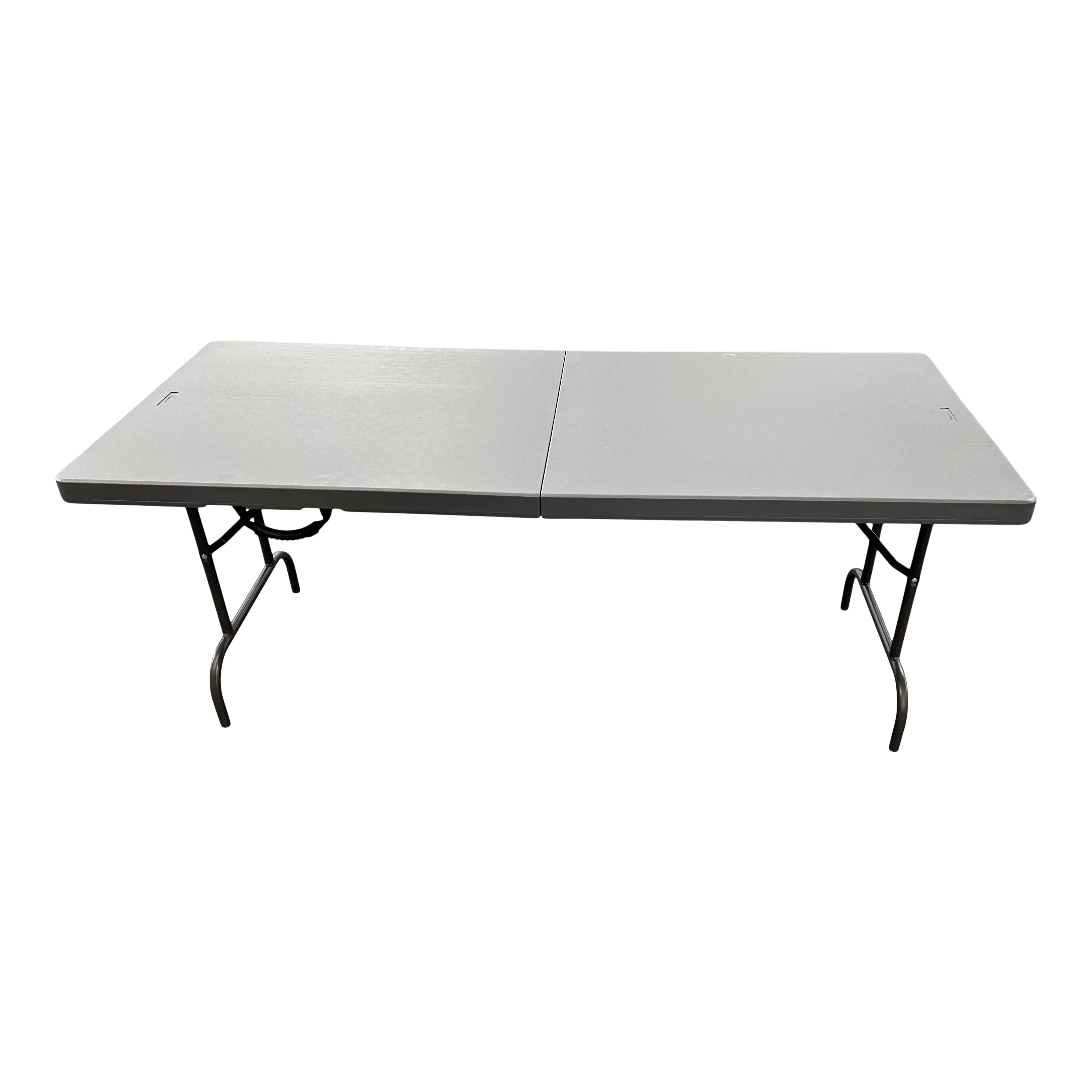 An overhead view of a charcoal bi-fold folding table.