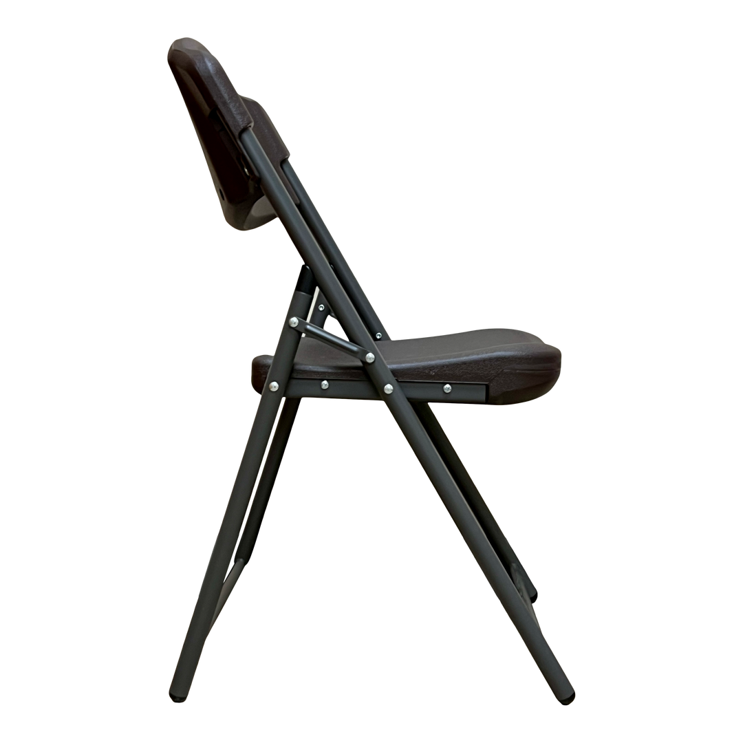 A close up side view of an espresso folding chair.